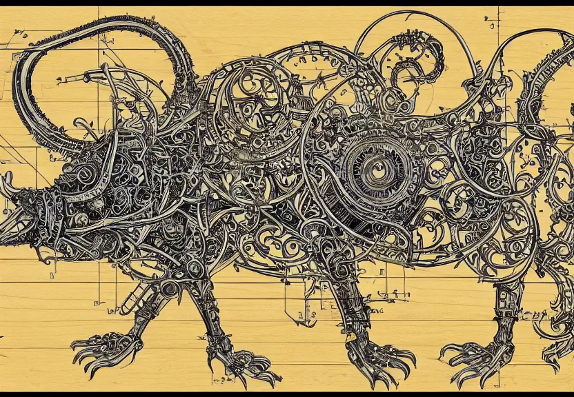 Prompt: schematic blueprint of highly detailed ornate filigreed convoluted ornamented elaborate cybernetic rat, wooden frame with fold leaf, art by da vinci