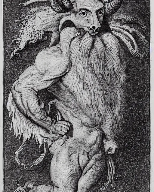 Prompt: a creature with the body and eyes of a man, with the beak of an eagle, the mane of a lion, and the horns of an ox. drawn by francis bacon and da vinci