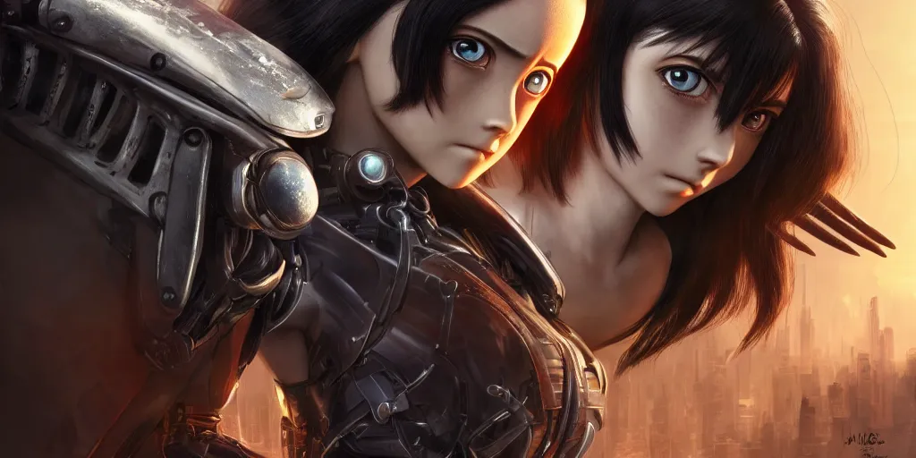 Image similar to alita battle angel, photorealistic, magical atmosphere, gthl. art, makoto shinkai, genshin impact, studio ghibli. trending on artstation. award winning digital artwork award