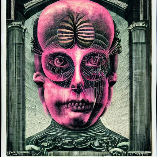 Prompt: post - punk album cover, asymmetrical design, off white frame around, dollar bank note, new age, apocalypse, psychedelic, black white pink, magic, giger h. r., giuseppe arcimboldo