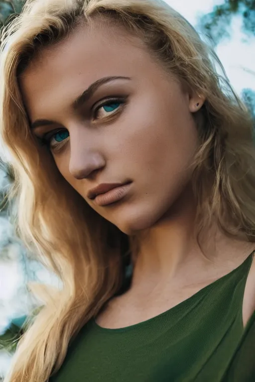 Prompt: olive skinned blonde female model in her twenties, green eyes, wearing a designer top, looking content, focused on her neck, photo realistic, extreme detail skin, natural beauty, no filter, slr, golden hour, 4 k, high definition, selfie