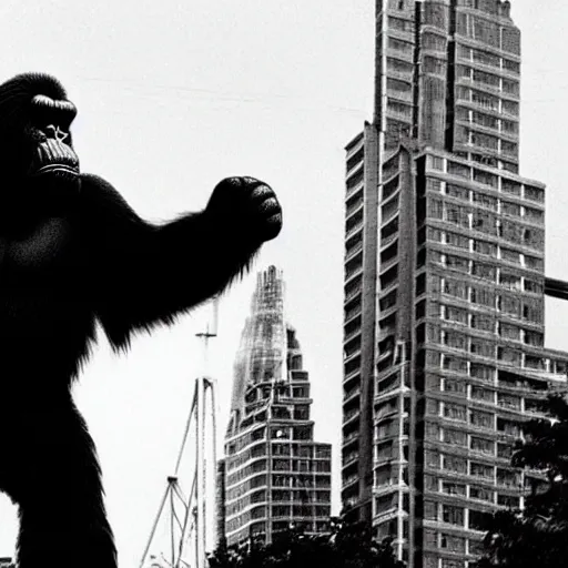 Prompt: photo of king kong climbing the c. n tower in toronto