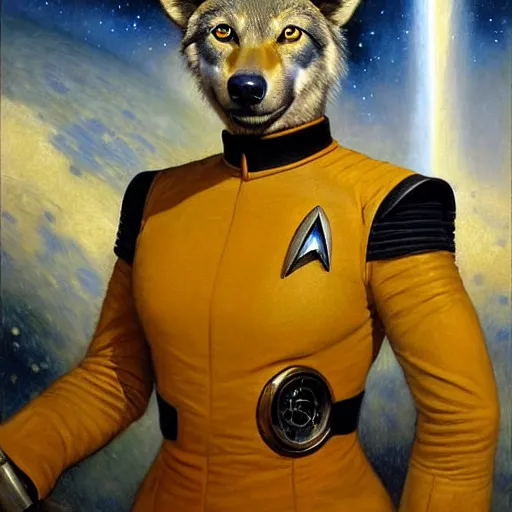 Prompt: a portrait of a wolf hyenaman canine star trek in a starfleet uniform chief engineer. highly detailed painting by gaston bussiere craig mullins jc leyendecker gustav klimt artgerm greg rutkowski furry