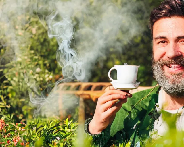 Prompt: mr robert is drinking fresh tea, smoke pot and meditate in a garden from spiral mug, detailed smiled face, short beard, golden hour, red elegant shirt