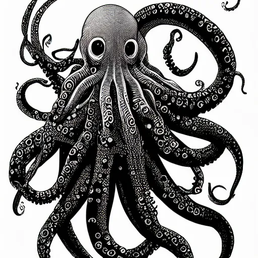 Image similar to black ink on paper, alien octopus, trending on artstation, beautiful, intricate, detailed