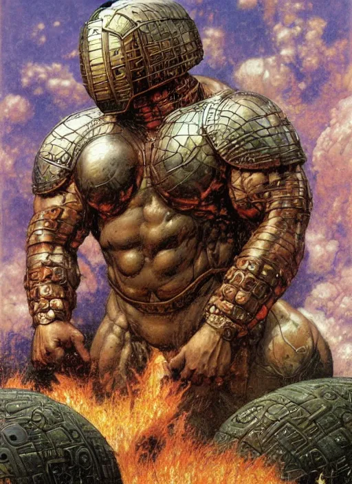 Prompt: huge morgan aste as marvel's juggernaut wearing metal helmet, dynamic, by lawrence alma tadema and jack kirby and greg staples and zdzislaw beksinski and norman rockwell and tom lovell