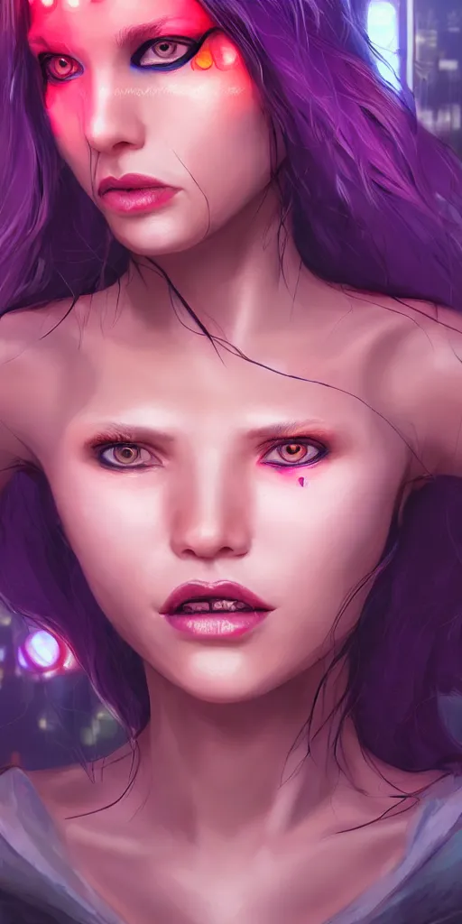 Image similar to A beautiful and detailed portrait of a middle-aged beautiful girl that has bright implants on her face and an angry-desperate look on her eyes. Red eyes trail, bokeh cyberpunk city background, artstation, violet-blue palette, vignette, by artgerm,