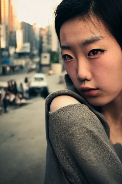 Image similar to a beautiful gorgeous Japanese edgy model girl with short hair, she's sad by Guy Bourdin, sunset, street of Hong Kong, 80mm lens, 1.2 aperture, grainy image, close up, cinematic light, very detailed, depressing atmosphere, cover magazine