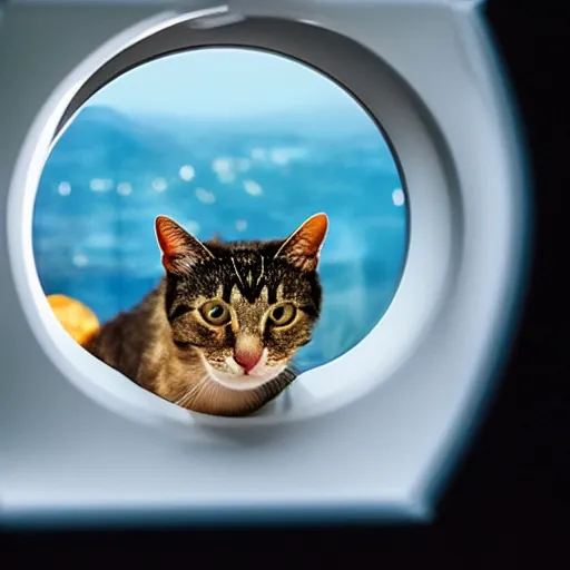 Image similar to cat watching martian landscape, standing inside a futuristic window, next to a food bowl