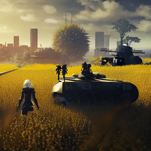 Image similar to a very high resolution image from nier : automata, featuring 9 s android fighting a t 3 4 tank in yellow rye field under pure blue skies