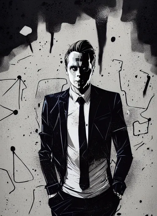 Image similar to highly detailed closeup portrait of martin wallstrom, tyrell wellick, slick back hair wearing suit by atey ghailan, by greg rutkowski, by greg tocchini, by james gilleard, by joe fenton, by kaethe butcher, gradient blue, black and white only color scheme, grunge aesthetic!!! ( ( graffiti tag wall background ) )