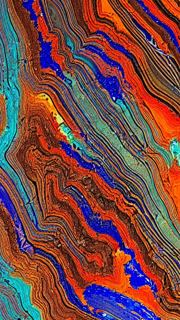 Image similar to vivid color, folded, tessellated planes of rock, alien sedimentary schematic, igneous rock, marbled veins, macro photography, 3D!!! diorama!!!!!!, depth of field with a patina of inlaid circuitry, layers of strata, mineral grains, dramatic lighting, rock texture, sand by James jean, geology, octane render in the style of Luis García Mozos