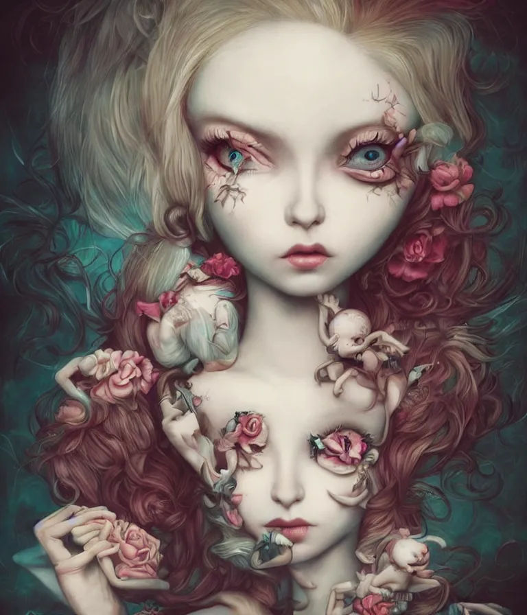 Image similar to pop surrealism, lowbrow art, realistic cute alice girl painting, japanese street fashion, hyper realism, muted colours, rococo, natalie shau, loreta lux, tom bagshaw, mark ryden, trevor brown style