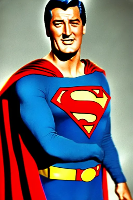 Image similar to rock hudson playing superman in, superhero, dynamic, 3 5 mm lens, heroic, studio lighting, in colour