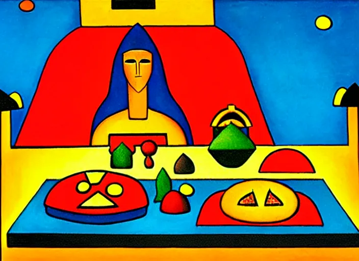 Prompt: a temple to pizza by Tarsila do Amaral