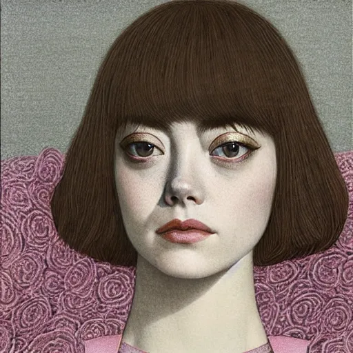 Image similar to “ emma stone portrait by ikenaga yasunari and ayana otake, drawing, realistic, sharp focus, japanese, dreamy, nostalgia, faded, golden hues, floral clothes, ”