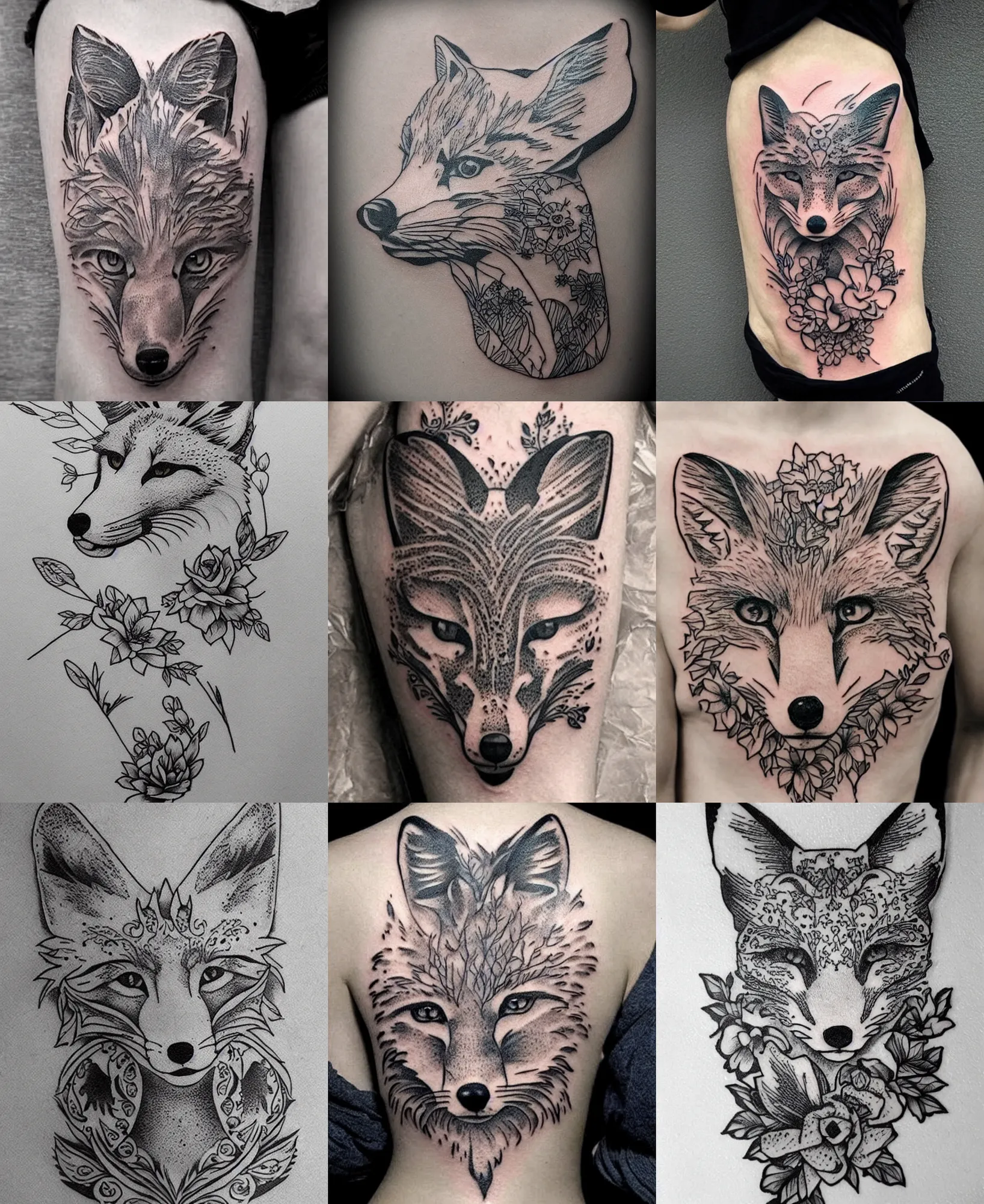 Prompt: amazing detailed tattoo stencil of a floral realistic fox