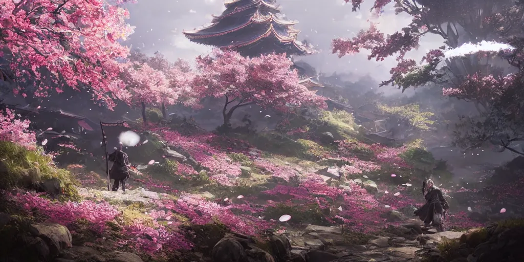 Image similar to an environmental concept art of ghost of tsushima, sakura petals blowing in the wind, highly detailed, directional light, bold colors, cinematic by francis tneh