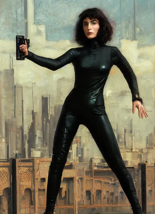 Image similar to selina kyle teaching self defense. cyberpunk mercenary in a cyberpunk jumpsuit ( blade runner 2 0 4 9, cyberpunk 2 0 7 7 ). orientalist portrait by john william waterhouse and james gurney and theodore ralli and nasreddine dinet, oil on canvas. cinematic, hyper realism, realistic proportions, dramatic lighting, high detail 4 k