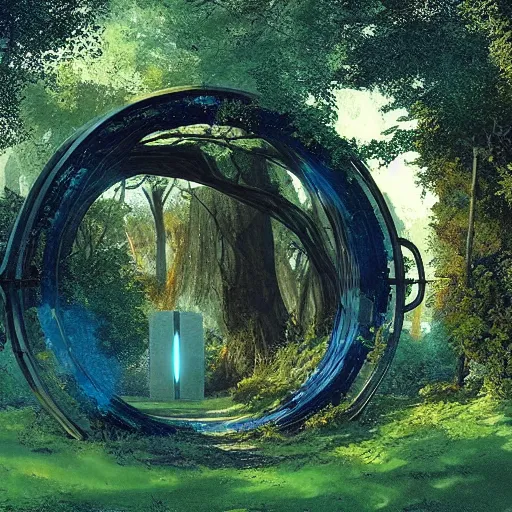 Image similar to overgrown derelict portal in a middle of a futuristic forest, world seen only through a portal, daylight, cinematic lighting, blue sky, syd mead, john harris