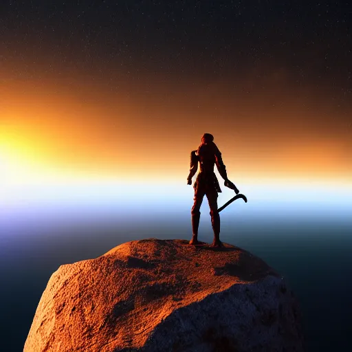 Image similar to sword standing on a glowing rock, distant planet in background, fog, glow, sharp, 4 k, lens flare, highly detailed digital art, trending on artstation