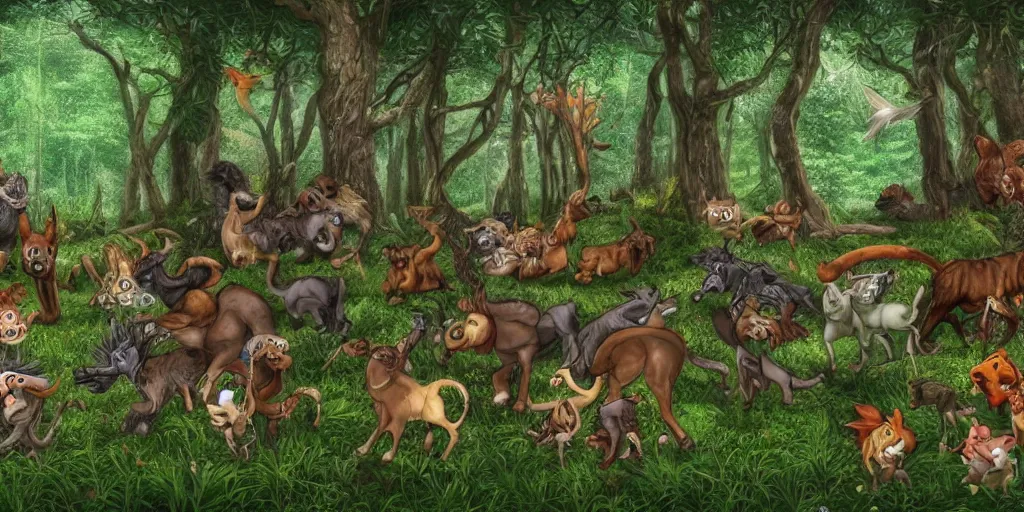 Prompt: panorama of animals in enchanted forest running away from necromancer's army