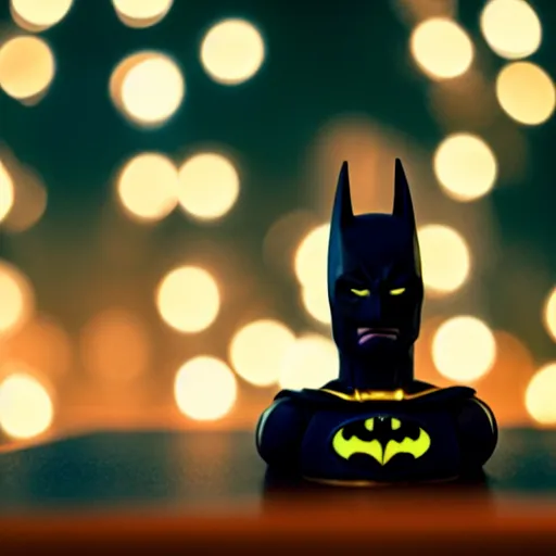 Prompt: close up of photo of Batman action figure on table top with fairy lights in the background, expired film, thin dof, soft lighting, realistic, swirly bokeh,