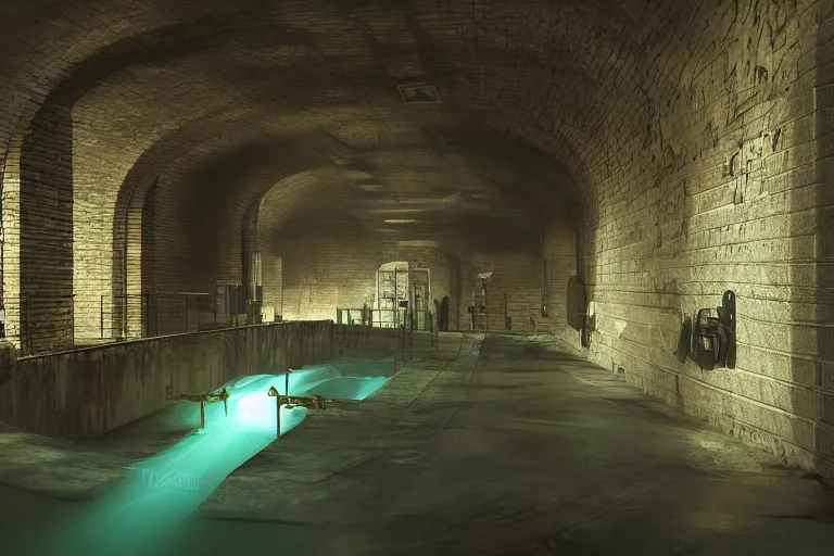 Prompt: Unreal Engine concept art of underground sewer tunnels with gym equipment, water canal in the center, railing along the canal, brick walls, arches, detailed architecture, brass pipes on the walls, a slight green glow emanates from the water, artificial warm lighting, a variety of vivid materials