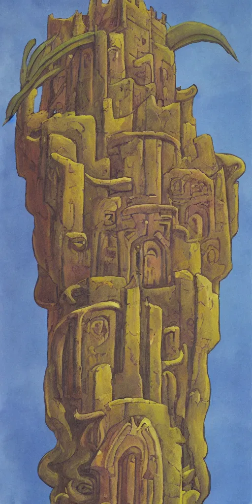 Image similar to a sinister expressive gouache painting of a incan castle by roger dean in the style of art - nouveau art, 8 k