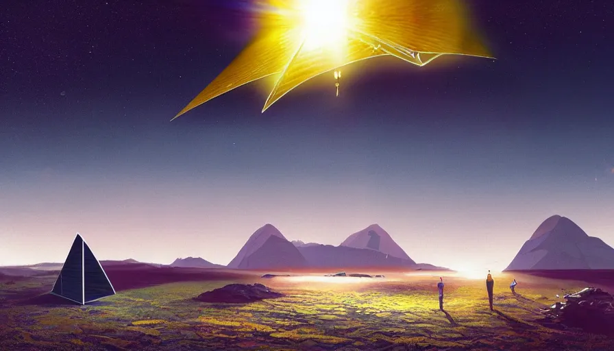 Image similar to solar sail infront of sun, in space, earth visible below, simon stalenhag