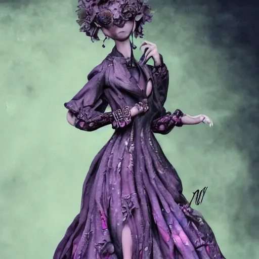 Image similar to photorealistic soft paint of absurdities and curiosities, very beautiful dollpunk female full long dress, ultra deep fog, purple black lustrous thin haircut, symmetry accurate features, focus, very intricate ultrafine details, award winning masterpiece