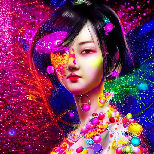 Image similar to japanese lady god, bright colors, fashion model, portrait shot, glitter, depth of field, 8 k, hyper detailed, intricate, trending on artstation