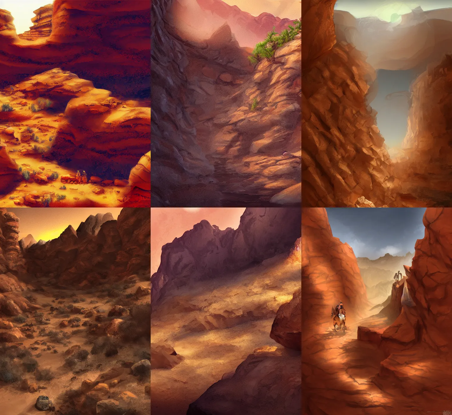 Prompt: desert, canyon, explorator, drought, hot, ocher, rocky, cliff, ari, digital painting, fantasy lighting