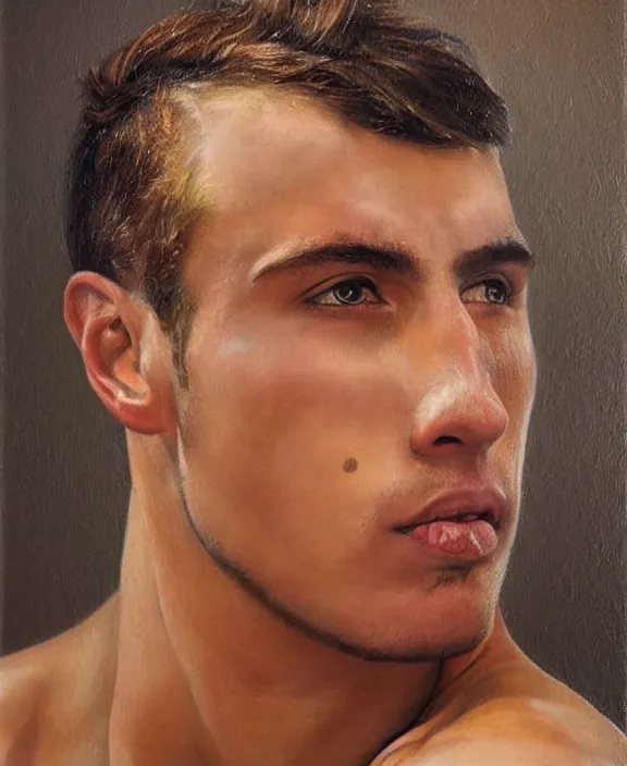 Prompt: portrait of a handsome young spanish swimmer, art by denys tsiperko and bogdan rezunenko, hyperrealism