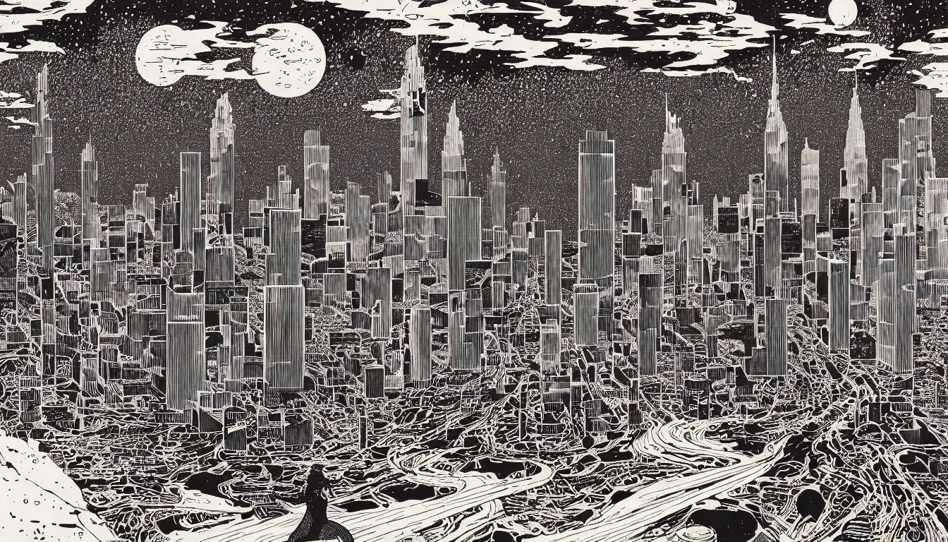 Prompt: detroit by woodblock print, nicolas delort, moebius, victo ngai, josan gonzalez, kilian eng