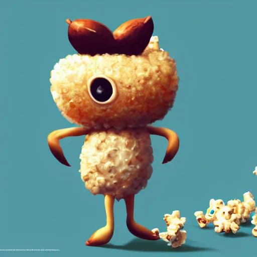 Image similar to cute humanoid popcorn,detailed, concept art,artstation, golden hour