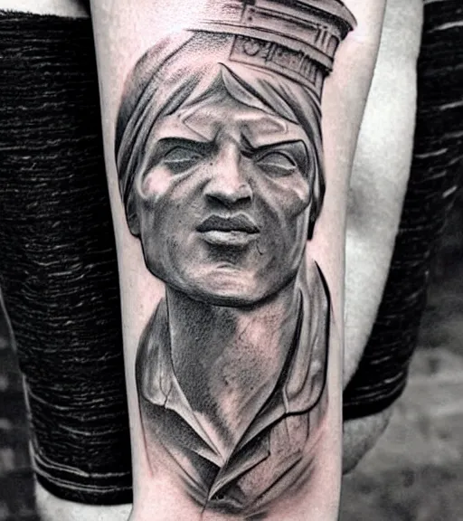 Prompt: tattoo design sketch of the statue of david cracked, in the style of den yakovlev, realistic face, black and white, realism tattoo, hyper realistic, highly detailed