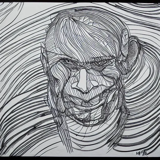 Image similar to continuous single line contour - drawing of grega thunburger, pen on white paper