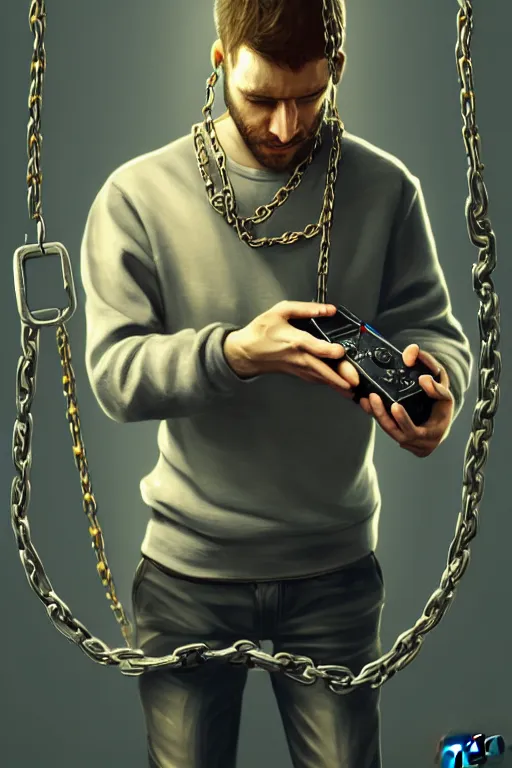 Image similar to very tired man holding gaming console in hands. he is chained to the console, intricate, elegant, highly detailed, digital painting, artstation, concept art, addiction, chains, smooth, sharp focus, illustration, art by ilja repin