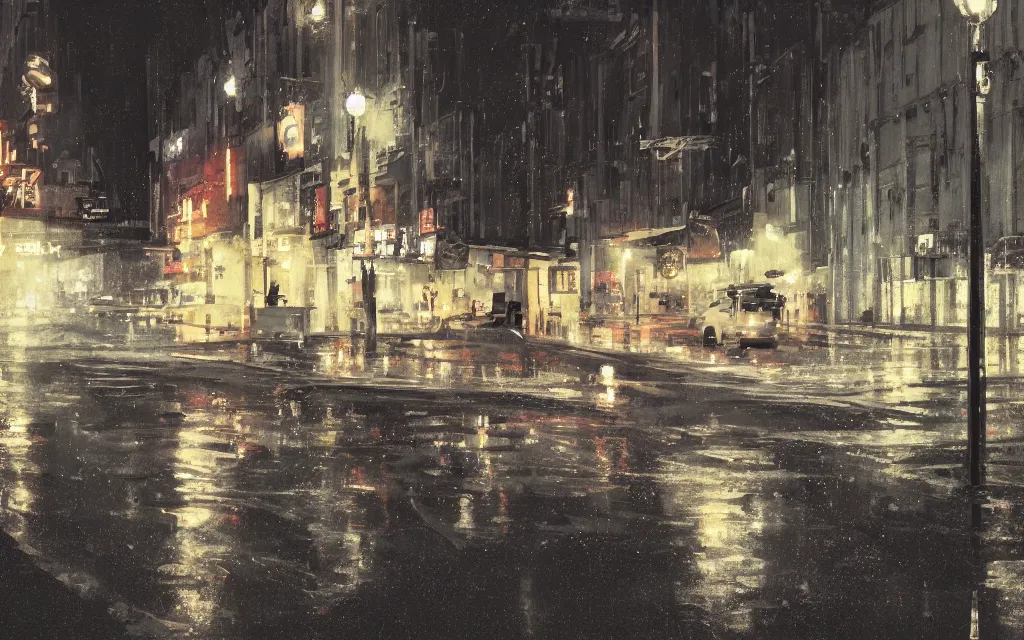 Image similar to concept art, wet helsinki street at night by roger deakins, in the style of syd mead and liam wong