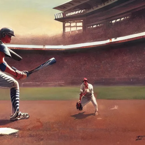 Image similar to baseball player hitting the ball with the baseball bat in the middle of the game and in front of everyone in the stadium, james gurney painting style, greg rutkowski, artstation