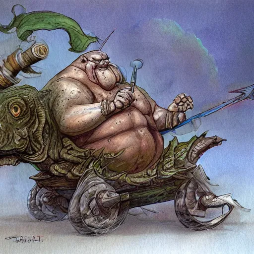 Prompt: painting of corpulent goblin riding in a slapdash wooden cart holding a lance, fantasy art, magic : the gathering art, by diterlizzi