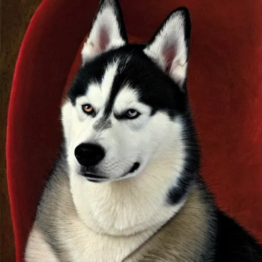 Prompt: a Husky dog sitting wearing a royal suit, renaissance painting, high quality, high detail, portait