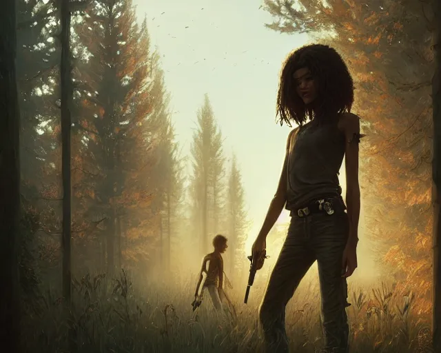 Image similar to highly detailed portrait of zendaya in the walking dead, stephen bliss, unreal engine, fantasy art by greg rutkowski, loish, rhads, ferdinand knab, makoto shinkai and lois van baarle, ilya kuvshinov, rossdraws, tom bagshaw, global illumination, radiant light, detailed and intricate environment