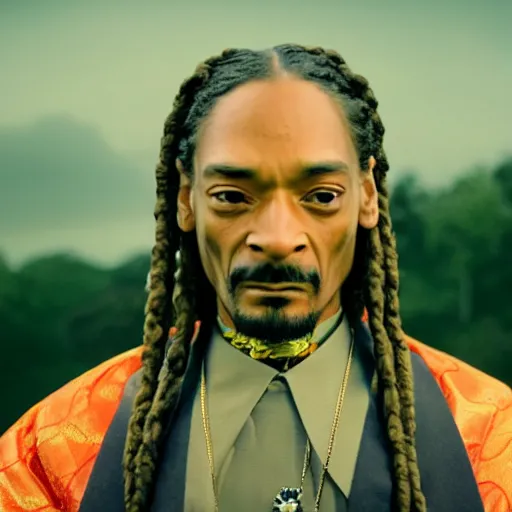 Image similar to cinematic film still of Snoop Dogg starring as a Samurai holding fire, Japanese CGI, VFX, 2022, 40mm lens, shallow depth of field, film photography