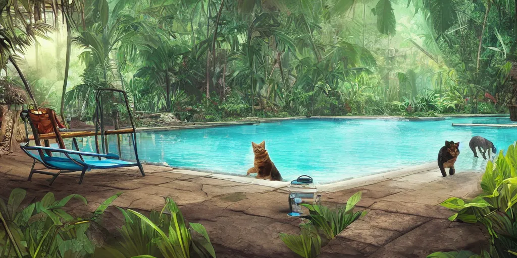 Prompt: swimming pool in the middle of the jungle a 'cat and a dog superdetailed' , empty beach chair , highly detailed, digital painting, artstation, concept art