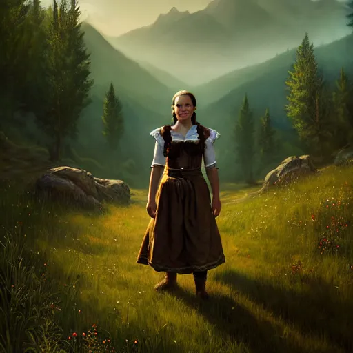 Image similar to the elder scrolls vi, small farmhouse, village girl in dirndl, mountainous sloping meadow and slightly forested background, atmospheric lighting, painted, intricate, volumetric lighting, beautiful, rich deep colors masterpiece, sharp focus, ultra detailed by leesha hannigan, ross tran, thierry doizon, kai carpenter, ignacio fernandez rios