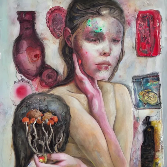 Prompt: sensual, a sad portrait in a female art student's apartment, pancakes, depression, crying, woman holding a brain from inside a painting, berries, octopus, art materials, a lamp, bottles covered in wax, neo - expressionism, surrealism, acrylic and spray paint and oilstick on canvas