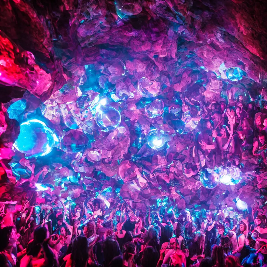 Image similar to cinematic shot of a goth disco nightclub in a cave, sphere made of holographic knives!!! with pink lasers and blue crystals, brutal weapon iconography!!! goth people dancing, 8 k photograph