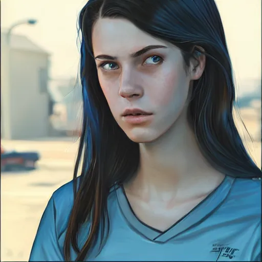 Image similar to portrait of a brunette thin teenager girl with blue eyes in gta 5, light stubble with red shirt, inside modern school ,digital art,photorealistoc,art by greg rutkowski,hyperdetailed,western comic style,comic,comic style,sharp lineart,professional lighting,deviantart,artstation,trevor henderson,rossdtaws,cinematic,dramatic